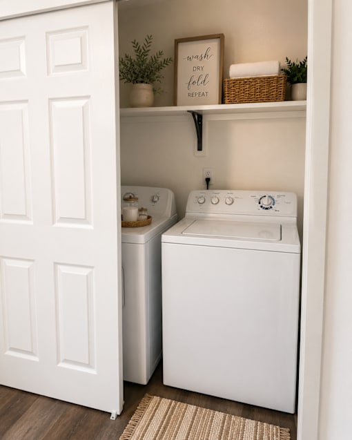 A white door opens to a small laundry room with a washer and dryer.
