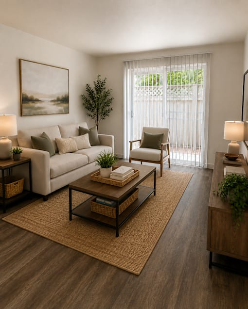 A living room with a couch, chair, and a painting on the wall.