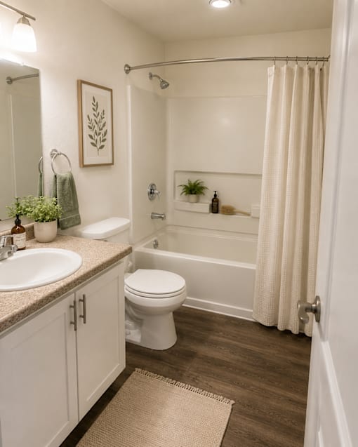 A white bathroom with a toilet, sink, and shower.