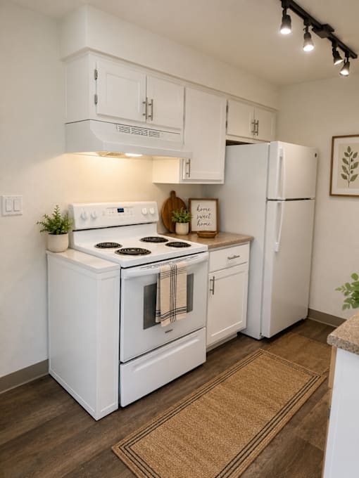 A white kitchen with a stove, oven, and refrigerator.
