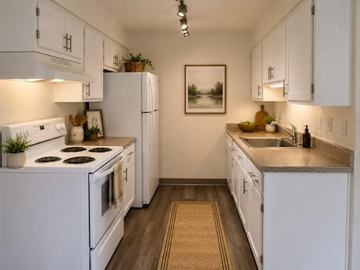 A kitchen with white appliances and cabinets.