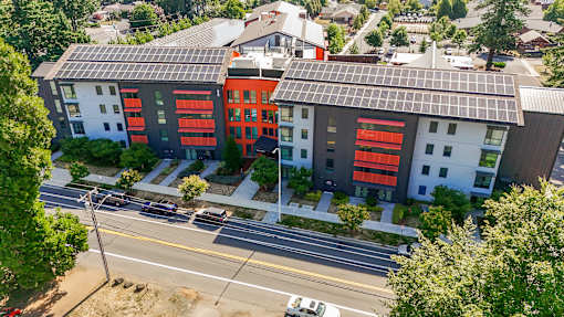 A modern building with solar panels on the roof is surrounded by trees and a street with cars.