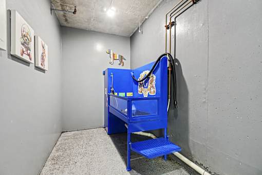 A blue bunk bed with a ladder is in a room with a concrete floor.