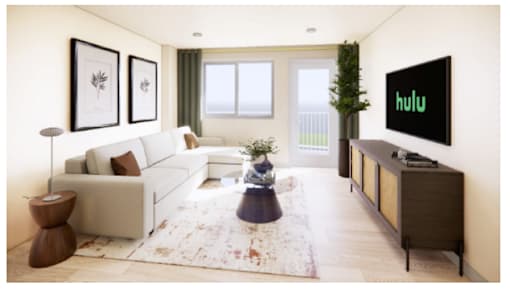 A living room with a Hulu logo on the TV.