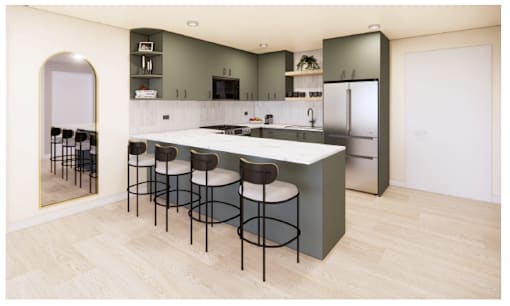 A kitchen with a bar stool and a counter.