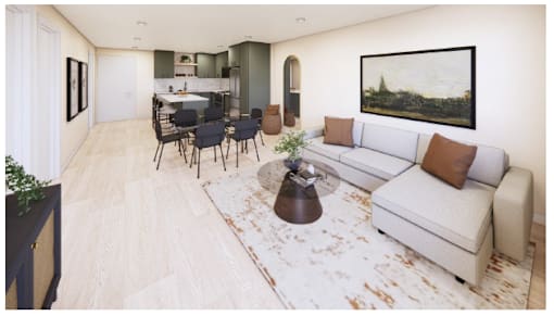 A living room with a couch, chairs, and a coffee table.