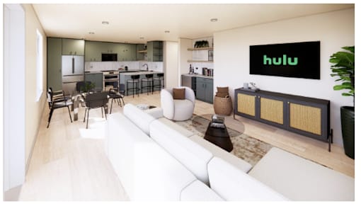 A modern living room with a Hulu logo on the wall.