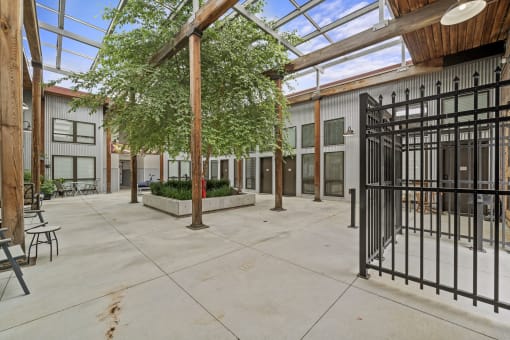 a courtyard with a metal gate and trees