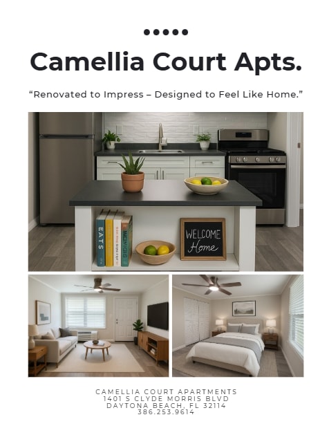 Apartment living room, kitchen, and bedroom images for Camellia Court Apartments.