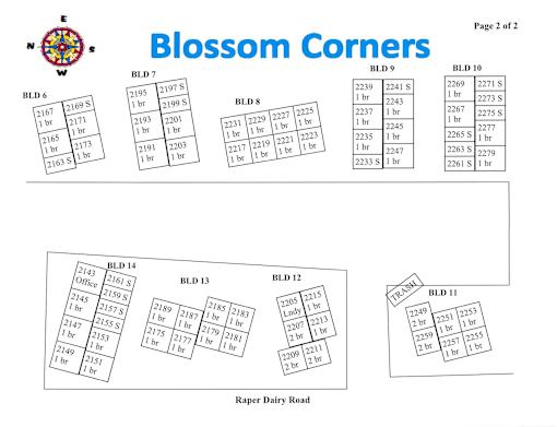 A map of Blossom Corners with six different blocks labeled BLD 6 through BLD 12.