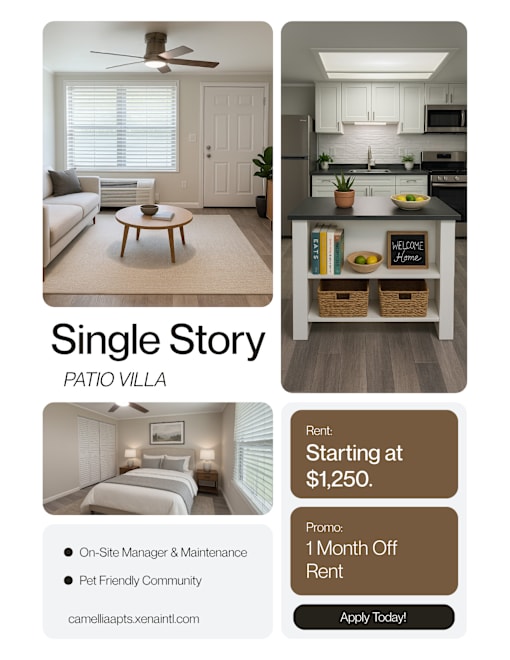 A flyer for a single story patio villa with a starting rent of $1,250 and a 1 month off rent promotion.
