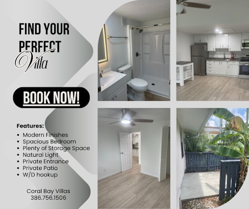 A real estate advertisement for a villa with a list of features and a phone number.