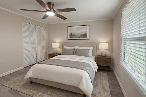 A bedroom with a bed, two lamps, and a painting on the wall.