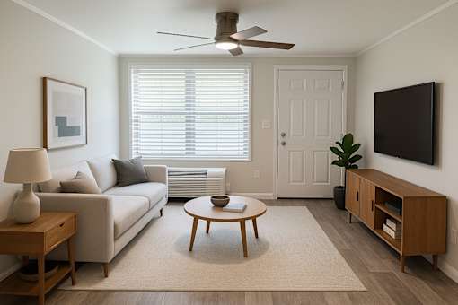 A living room with a couch, a coffee table, a side table, a television, and a plant.