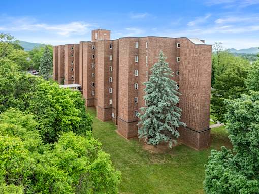 A large brown building with a tree in front of it.