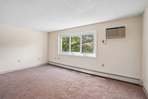 A room with a window and a carpeted floor.