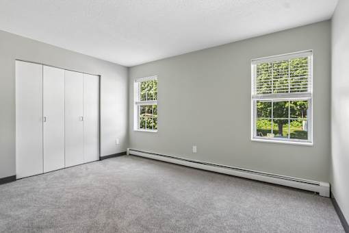 A room with grey carpet and a window with blinds.