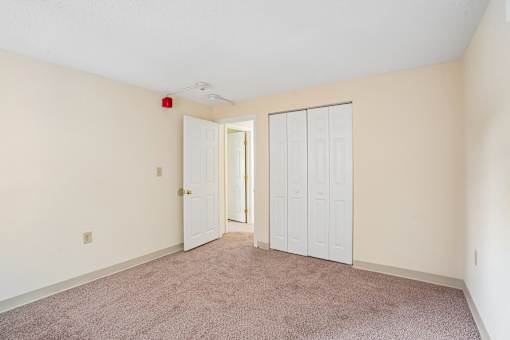A room with a carpeted floor and two doors.