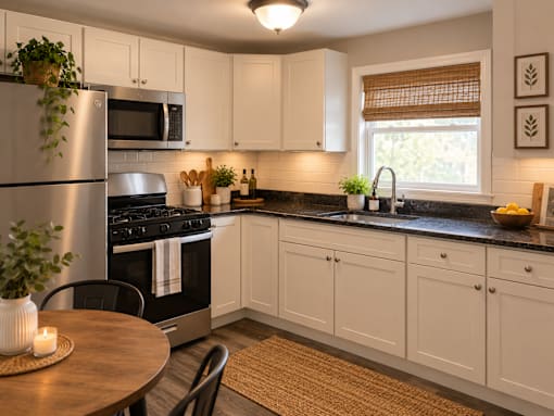 A kitchen with white cabinets and a black countertop.