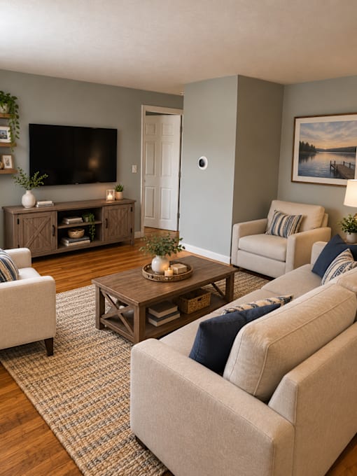 A living room with a couch, chair, and coffee table.