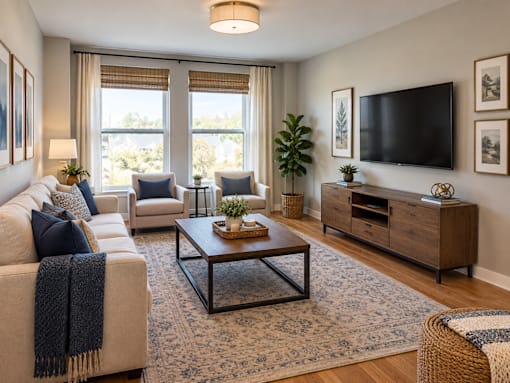 A living room with a large window, a sofa, a coffee table, and a TV.