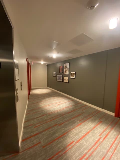 A hallway with a striped carpet and pictures on the wall.