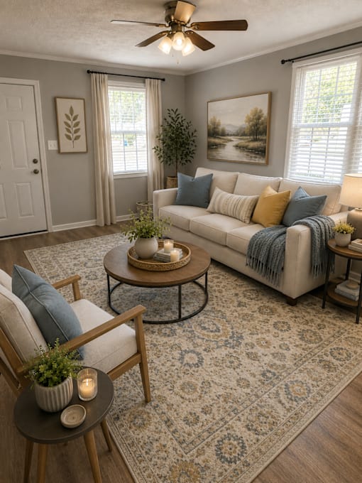 A living room with a couch, chair, and table.