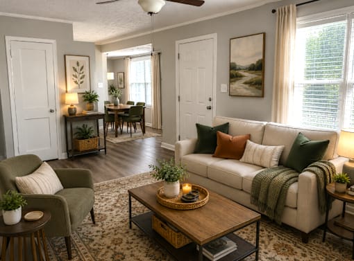 A living room with a couch, chairs, and a dining table.