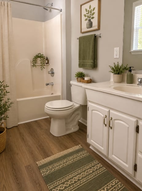 A bathroom with a toilet, sink, and shower.