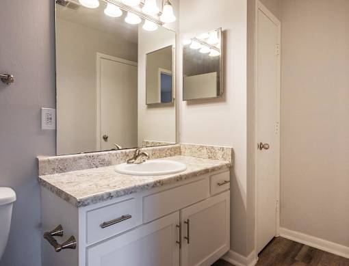 A bathroom with a marble countertop and a large mirror above it.