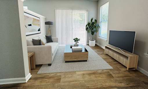 A living room with a couch, a coffee table, and a television.