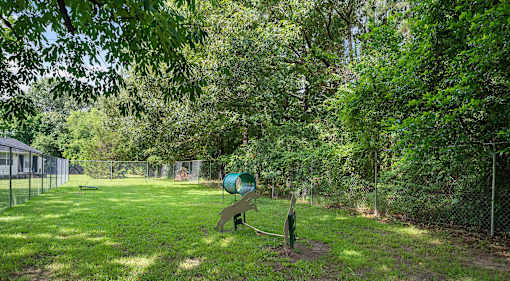 A playground with a slide and a swing set in a green park.