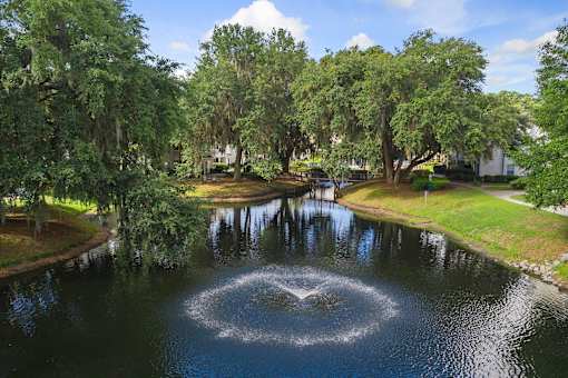 A fountain in the middle of a pond surrounded by trees.