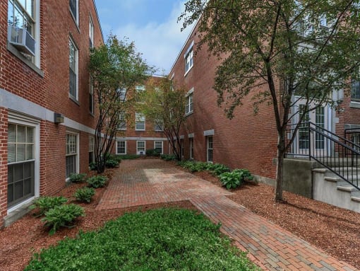 a courtyard between two brick buildings with grass and trees