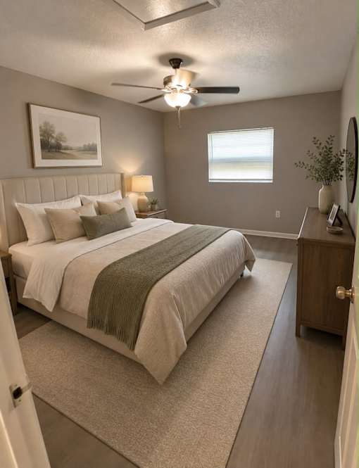 A bedroom with a bed, a ceiling fan, and a window.