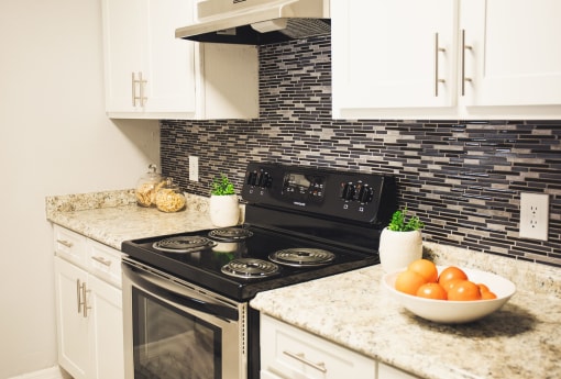 Newly renovated apartment kitchen at Palm Avenue Apartments in Tampa, FL