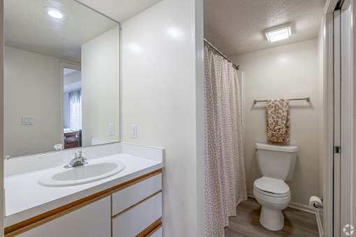 A white bathroom with a sink, toilet, and shower.