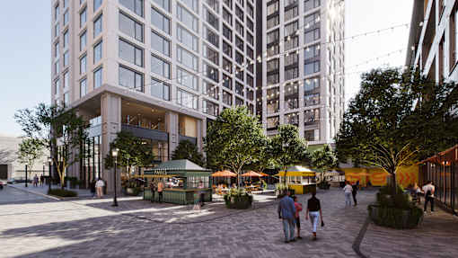 a rendering of a city street with pedestrians and tall buildings at Scout Living, powered by Placemakr Apartments, Georgia 30308