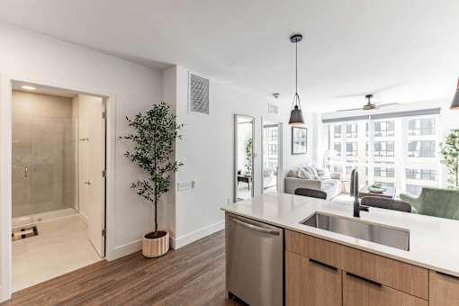 A modern kitchen with a stainless steel dishwasher and wooden cabinets at Anthem House Apartment , Huntsville, Alabama