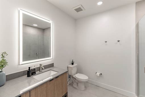 A modern bathroom with a large mirror above the sink at Anthem House Apartment , Huntsville
