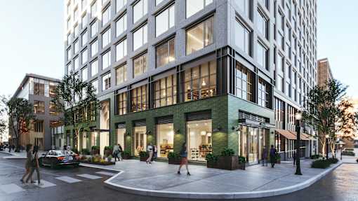 a rendering of a building on a city street at Scout Living, powered by Placemakr Apartments, Atlanta, GA, 30308