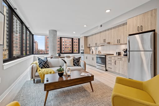 Spacious living and kitchen area.