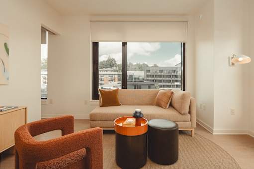 Living room area at Scout Living, powered by Placemakr Apartments, Atlanta, Georgia