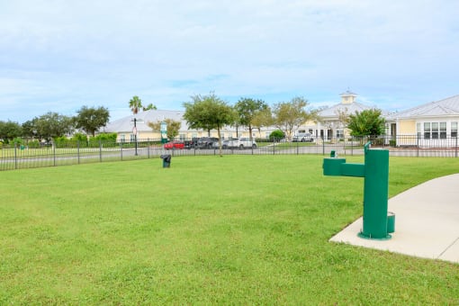 a park with a green pole in the grass