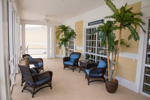a porch with chairs and palm trees and a window