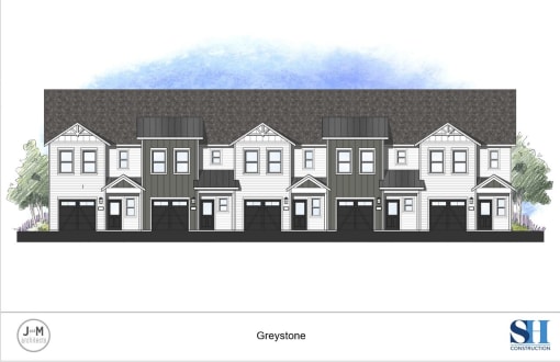 a rendering of a three story building with a garage in front of it