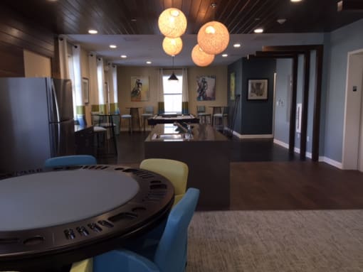 a large room with a large table and chairs