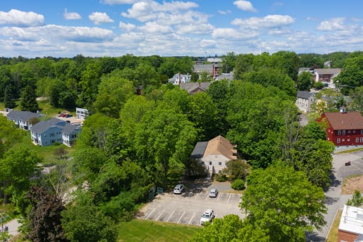 arial view of a church in the middle of a city