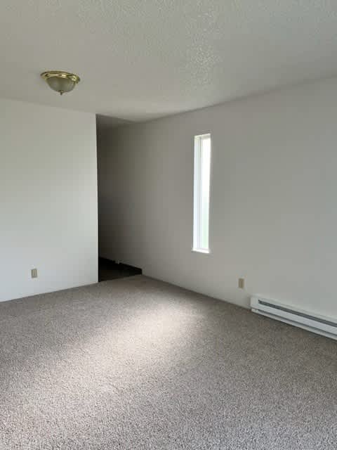 A room with a carpeted floor and a window letting in light.