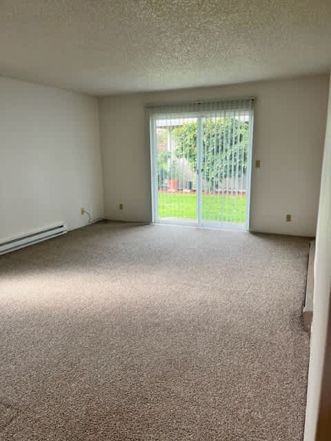 A room with a carpeted floor and a sliding glass door leading to a backyard.